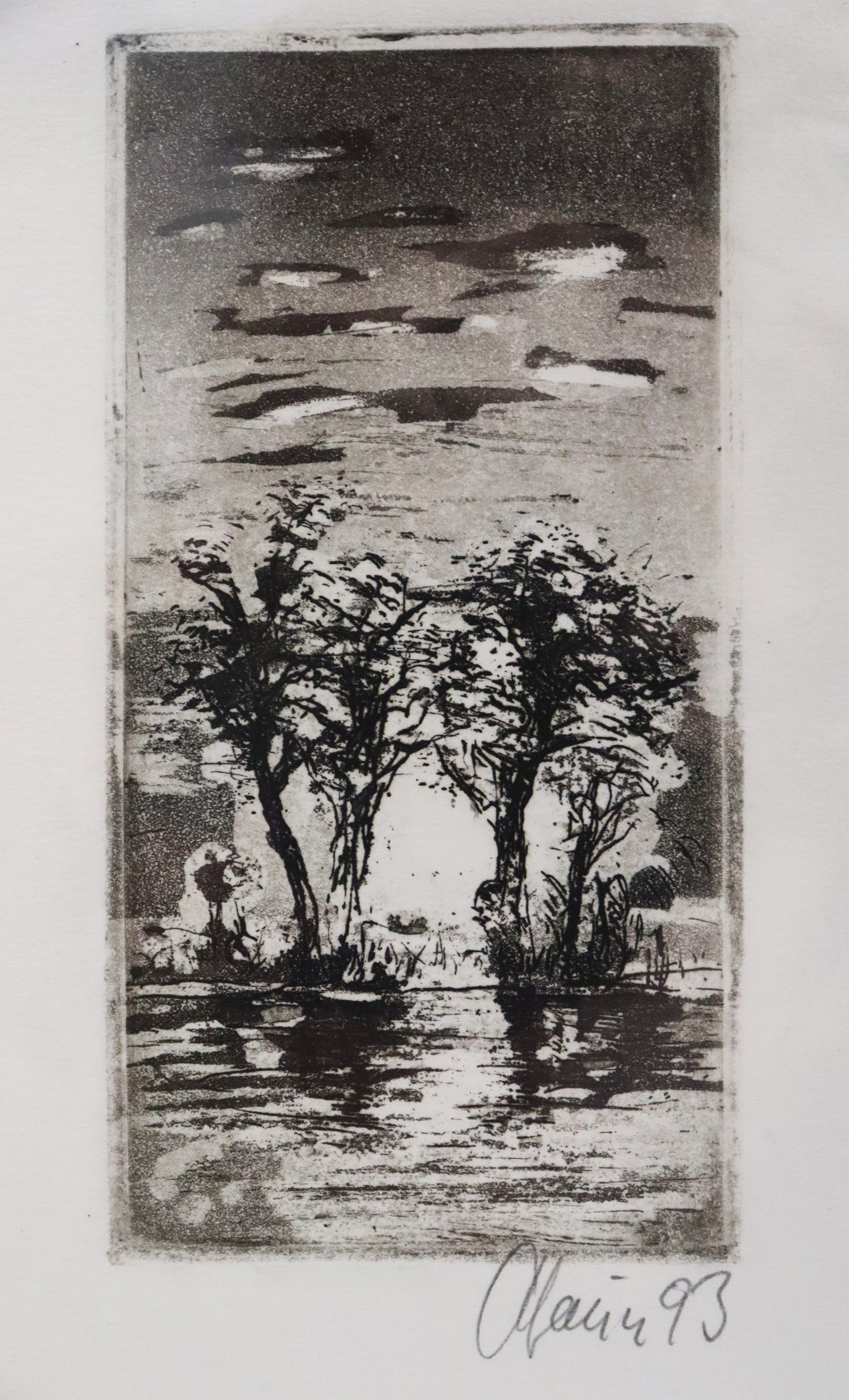 Radierung von Christian Heinze, Titel "Abendsonne"  – Radierung auf Büttenpapier mit Büttenrand. Detailansicht. Erhältlich bei Galerie Waldbach - What The Artist Made