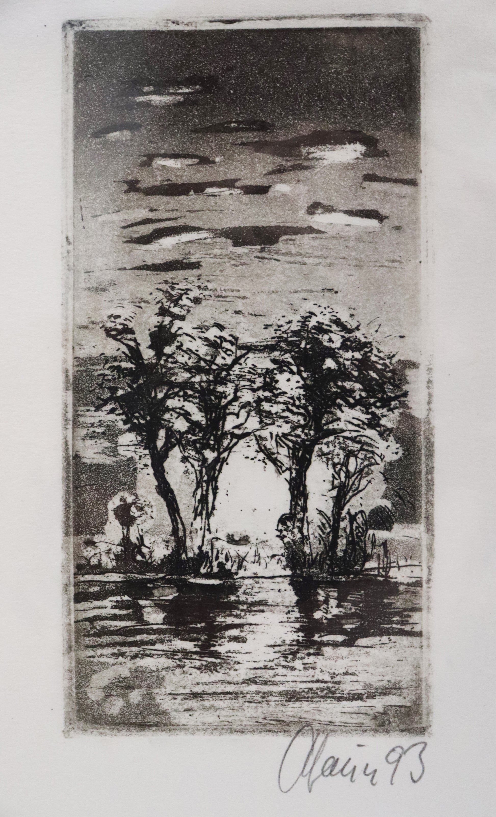 Radierung von Christian Heinze, Titel "Abendsonne"  – Radierung auf Büttenpapier mit Büttenrand. Detailansicht. Erhältlich bei Galerie Waldbach - What The Artist Made