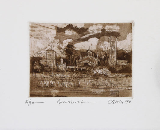 Radierung, signiert von Christian Heinze, Titel „Bornstedt“ –  Farbige Radierung, Büttenpapier mit Büttenrand, Blick auf Bornstedter Kirche und Anlage, Parklandschaft, Potsdamer historische Architektur. Unten am Bildrand der Bildtitel und Signatur. In Sepiatönen - erhältlich bei Galerie Waldbach - What The Artist Made
