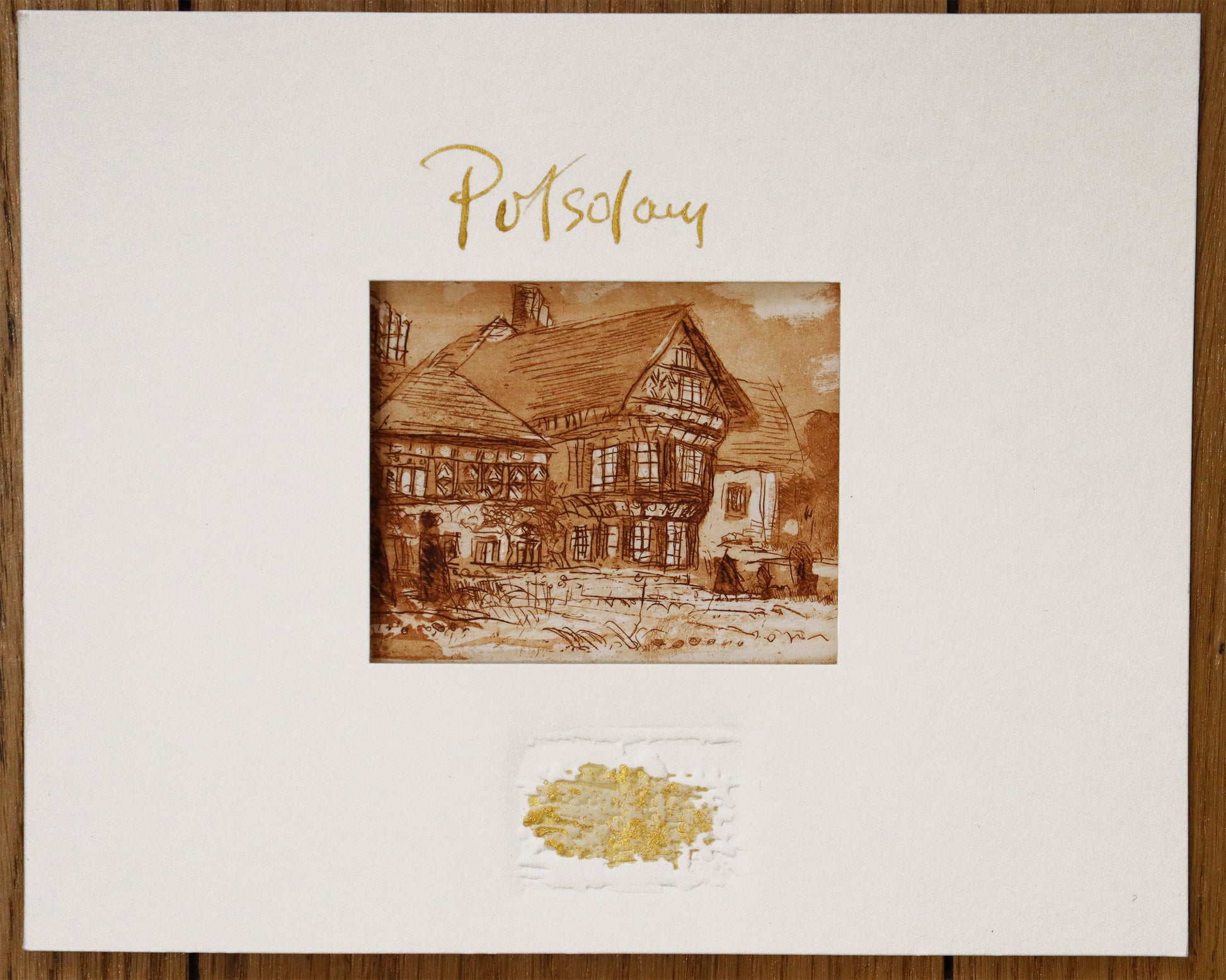 Radierung, signiert von Christian Heinze, Titel „Cecilienhof“ – Farbige Radierung, Ansicht des Passepartouts für die Radierung, mit Sichtausschnitt, Prägeemblem und kalligrafischem Titel - erhältlich bei Galerie Waldbach - What The Artist Made
