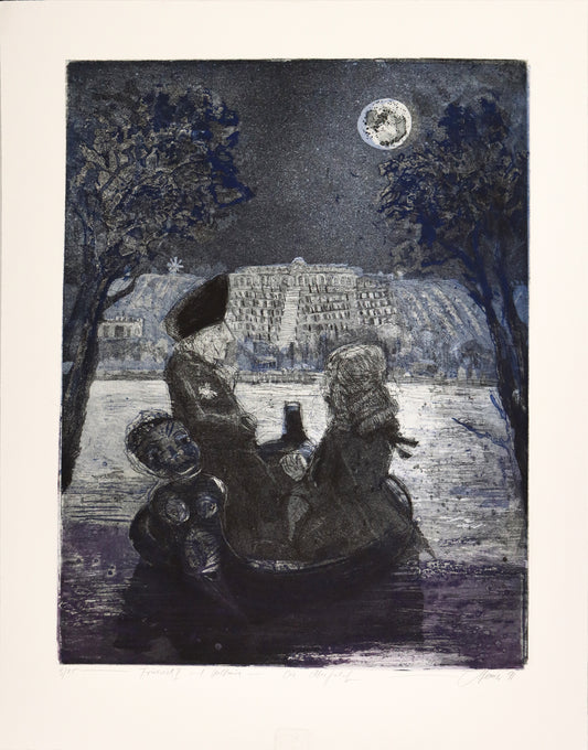 Radierung, signiert von Christian Heinze, Titel „Friedrich II und Voltaire - Die Überfahrt“ – Farbige Radierung, Nachtstimmung, Motiv Alter Fritz und Voltaire in einem Boot vor Schloss Sanssouci, erhältlich bei What The Artist Made.