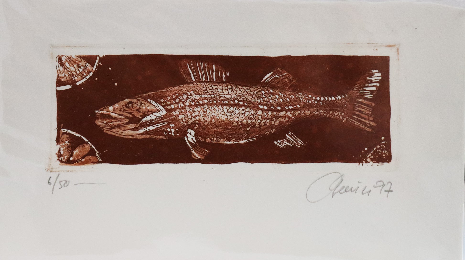 Radierung von Christian Heinze  auf Büttenpapier mit Büttenrand. Darstellung eines Fisches mit glänzenden Schuppen, in ockerrotem Ton. Erhältlich bei Galerie Waldbach - What The Artist Made