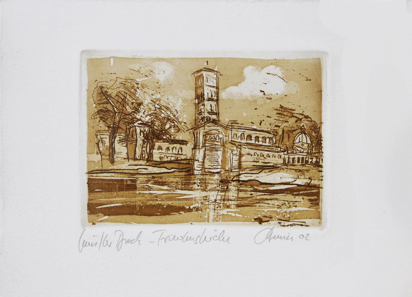 Radierung, signiert von Christian Heinze, Titel „Friedenskirche“ –  Farbige Radierung, Büttenpapier mit Büttenrand, Blick auf  die  Friedenskirche im Park Sanssouci in Potsdam, Kirche mit Bäumen im Hintergrund, Friedensteich im Vordergrund . Unten am Bildrand der Bildtitel, Prägeemblem und Signatur. In Sepiatönen - erhältlich bei Galerie Waldbach - What The Artist Made