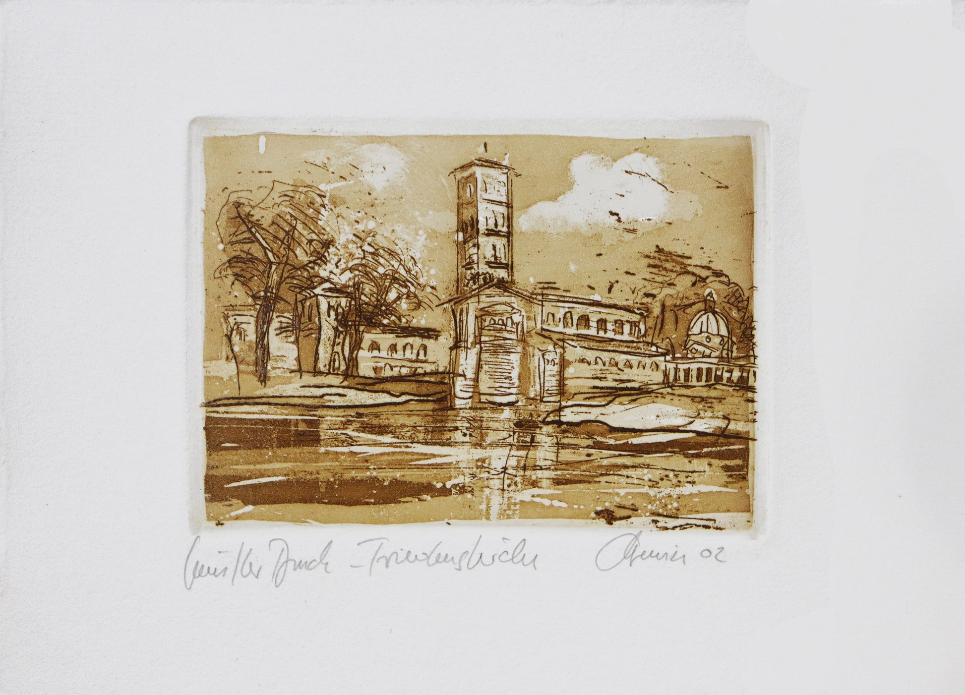 Radierung, signiert von Christian Heinze, Titel „Friedenskirche“ –  Farbige Radierung, Büttenpapier mit Büttenrand, Blick auf  die  Friedenskirche im Park Sanssouci in Potsdam, Kirche mit Bäumen im Hintergrund, Friedensteich im Vordergrund . Unten am Bildrand der Bildtitel, Prägeemblem und Signatur. In Sepiatönen - erhältlich bei Galerie Waldbach - What The Artist Made