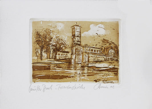 Radierung, signiert von Christian Heinze, Titel „Friedenskirche“ –  Farbige Radierung, Büttenpapier mit Büttenrand, Blick auf  die  Friedenskirche im Park Sanssouci in Potsdam, Kirche mit Bäumen im Hintergrund, Friedensteich im Vordergrund . Unten am Bildrand der Bildtitel, Prägeemblem und Signatur. In Sepiatönen - erhältlich bei Galerie Waldbach - What The Artist Made
