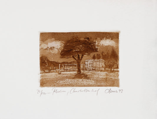 Radierung, signiert von Christian Heinze, Titel „Potsdam - Charlottenhof“ –  Farbige Radierung, Büttenpapier mit Büttenrand, Blick auf  Parklandschaft mit Baum im Bildzentrum, Schloss Charlottenhof im Hintergrund. Unten am Bildrand der Bildtitel und Signatur. In Sepiatönen - erhältlich bei Galerie Waldbach - What The Artist Made