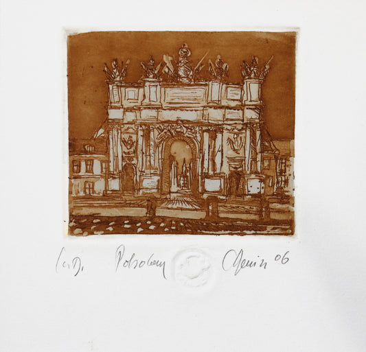 Radierung, signiert von Christian Heinze, Titel „Potsdam“ –  Farbige Radierung, Büttenpapier mit Büttenrand, Blick zum Brandenburger Tor vom Luisenplatz aus, Potsdamer historische Architektur. Unten am Bildrand der Bildtitel und Signatur. In Sepiatönen - erhältlich bei Galerie Waldbach - What The Artist Made