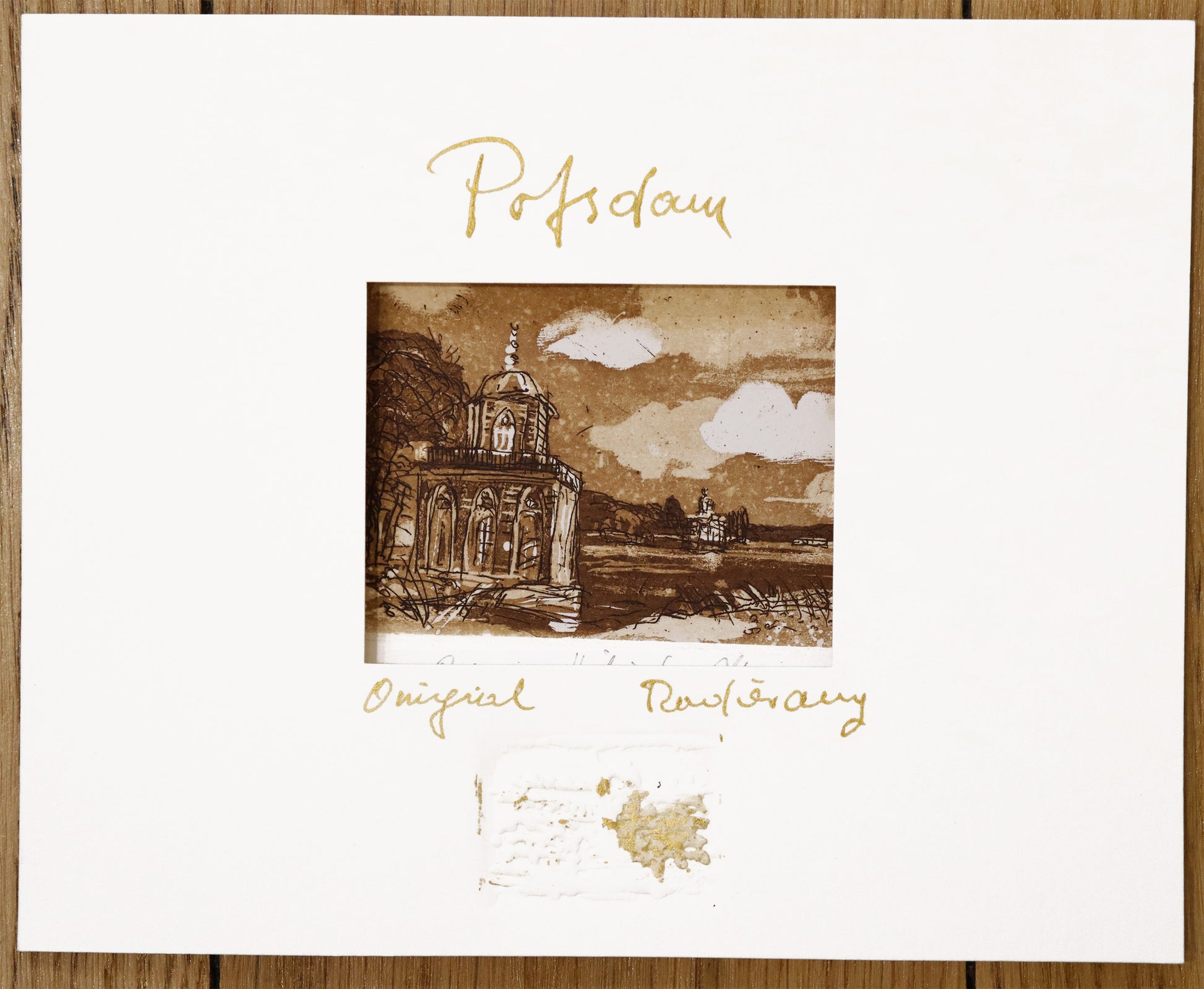 Radierung, signiert von Christian Heinze, Titel „Potsdam Heiliger See“ – Farbige Radierung, Ansicht des Passepartouts für die Radierung, mit Sichtausschnitt, Prägeemblem und kalligrafischem Titel - erhältlich bei Galerie Waldbach - What The Artist Made