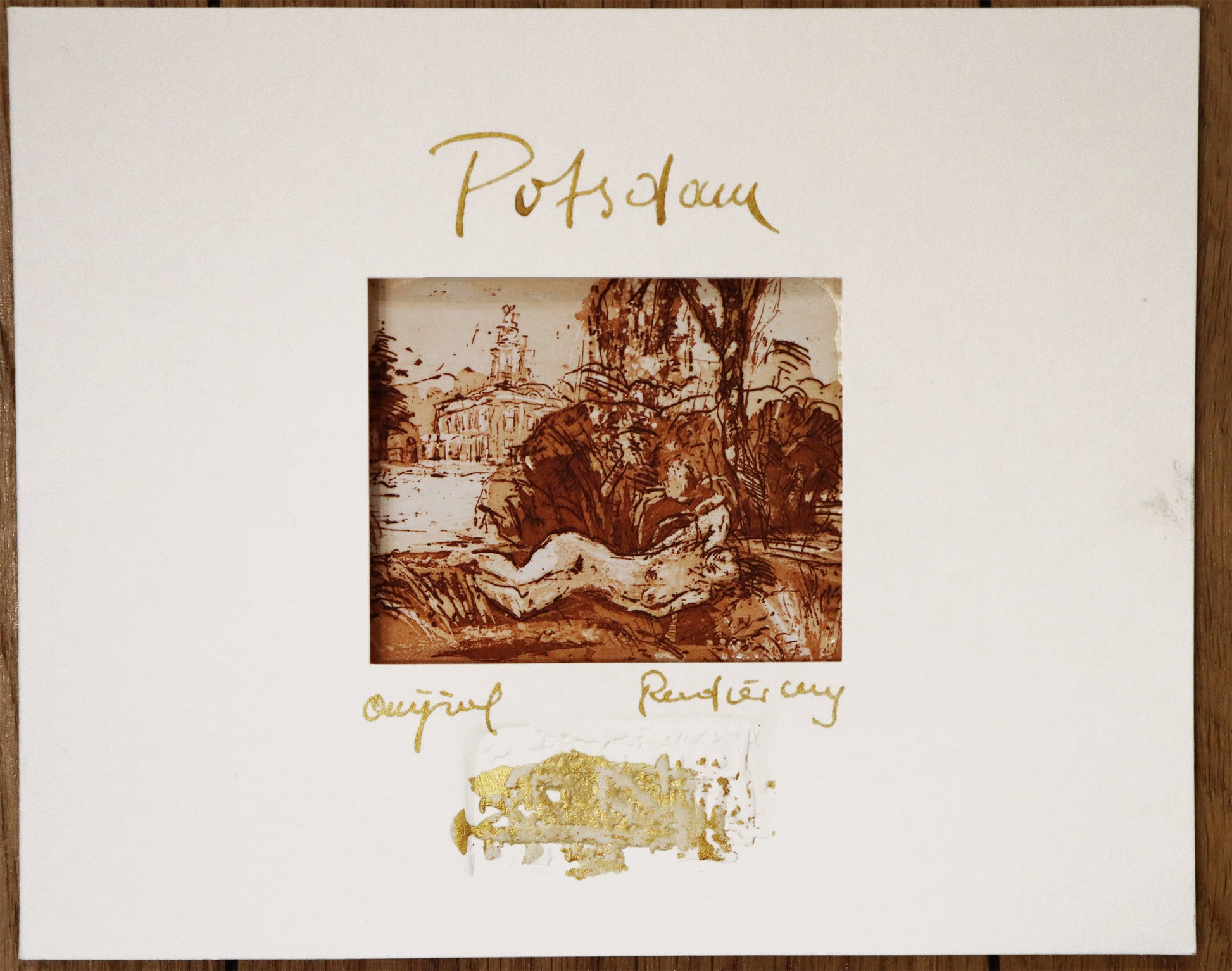 Radierung, signiert von Christian Heinze, Titel „Potsdam, Heiliger See“ – Farbige Radierung, Ansicht des Passepartouts für die Radierung, mit Sichtausschnitt, Prägeemblem und kalligrafischem Titel - erhältlich bei Galerie Waldbach - What The Artist Made