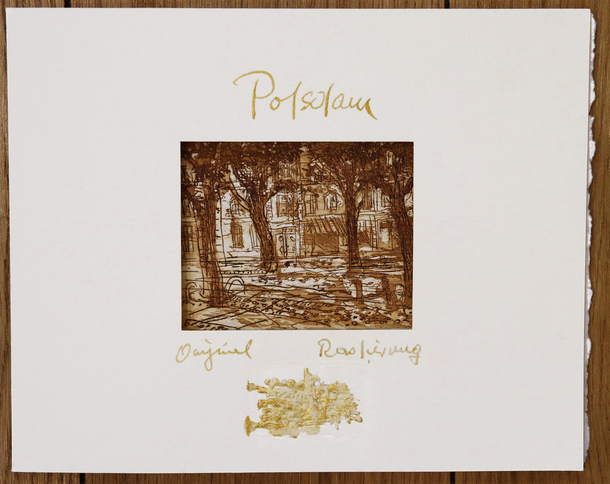 Radierung, signiert von Christian Heinze, Titel „Potsdam“ – Farbige Radierung, Ansicht des Passepartouts für die Radierung, mit Sichtausschnitt, Prägeemblem und kalligrafischem Titel - erhältlich bei Galerie Waldbach - What The Artist Made