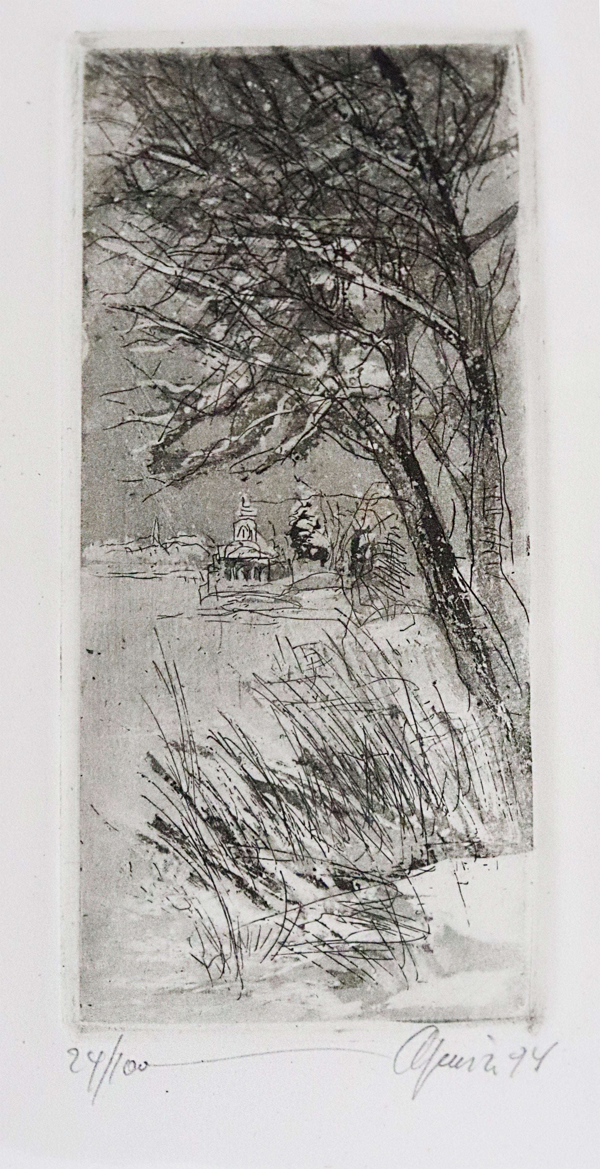 Radierung von Christian Heinze, Titel "Potsdamer Winter" auf Büttenpapier mit Büttenrand. Detailansicht. Unterhalb der Radierung Signatur und Auflagennummer. Erhältlich bei Galerie Waldbach - What The Artist Made