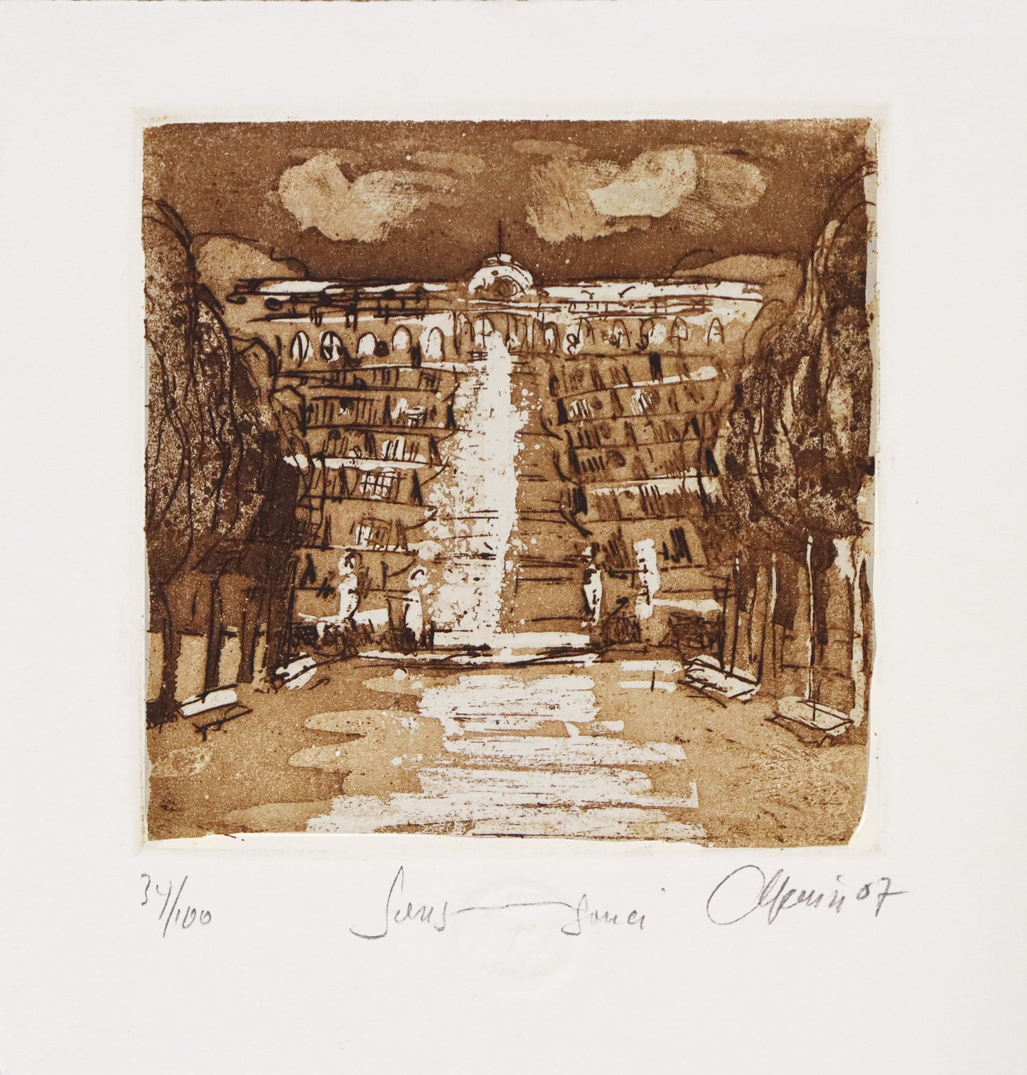 Radierung, signiert von Christian Heinze, Titel „Sanssouci“ –  Farbige Radierung, Büttenpapier mit Büttenrand, Blick zum Schloss Sanssouci mit Terrassen, Potsdamer historische Architektur. Unten am Bildrand der Bildtitel und Signatur. In Sepiatönen - erhältlich bei Galerie Waldbach - What The Artist Made