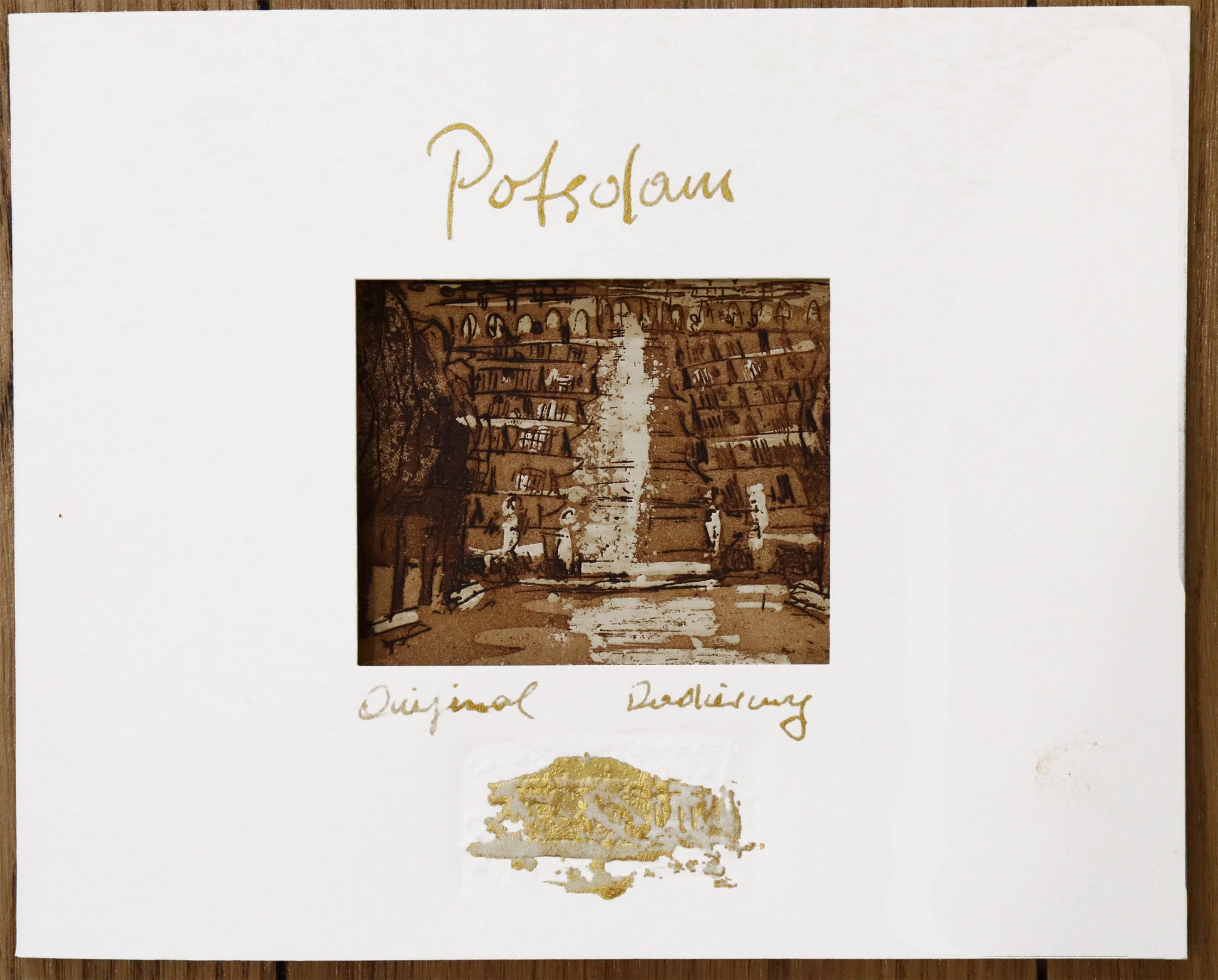 Radierung, signiert von Christian Heinze, Titel „Sanssouci“ – Farbige Radierung, Ansicht des Passepartouts für die Radierung, mit Sichtausschnitt, Prägeemblem und kalligrafischem Titel - erhältlich bei Galerie Waldbach - What The Artist Made