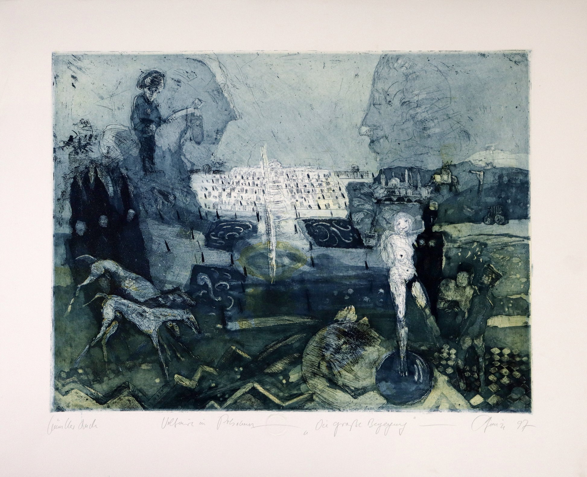 Radierung, signiert von Christian Heinze, Titel „Voltaire in Potsdam - Die große Begegnung“ – Farbige Radierung, Büttenpapier mit Prägezeichen, Blick zum Schloss Sanssouci, davor Personengruppe, Frau unbekleidet, Hunde, hinter dem Schloss links Friedrich der Große, rechts Voltaire im Seitenportrait. Unten am Bildrand der Bildtitel und Signatur. In  Indigo - und gelbtönen, erhältlich bei What The Artist Made.