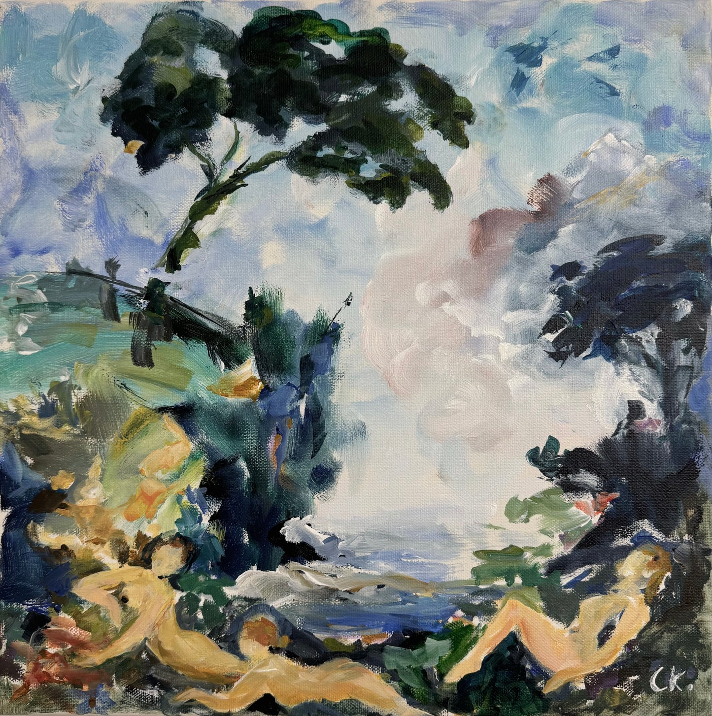 Original Acryl-Malerei, Gemälde von Corina Kroh, Titel „Barocke Elemente 1“ – impressionistisch, drei Frauen Akte in Landschaft mit Baum, Grün, Blau, Acryl auf Leinwand, erhältlich bei What The Artist Made