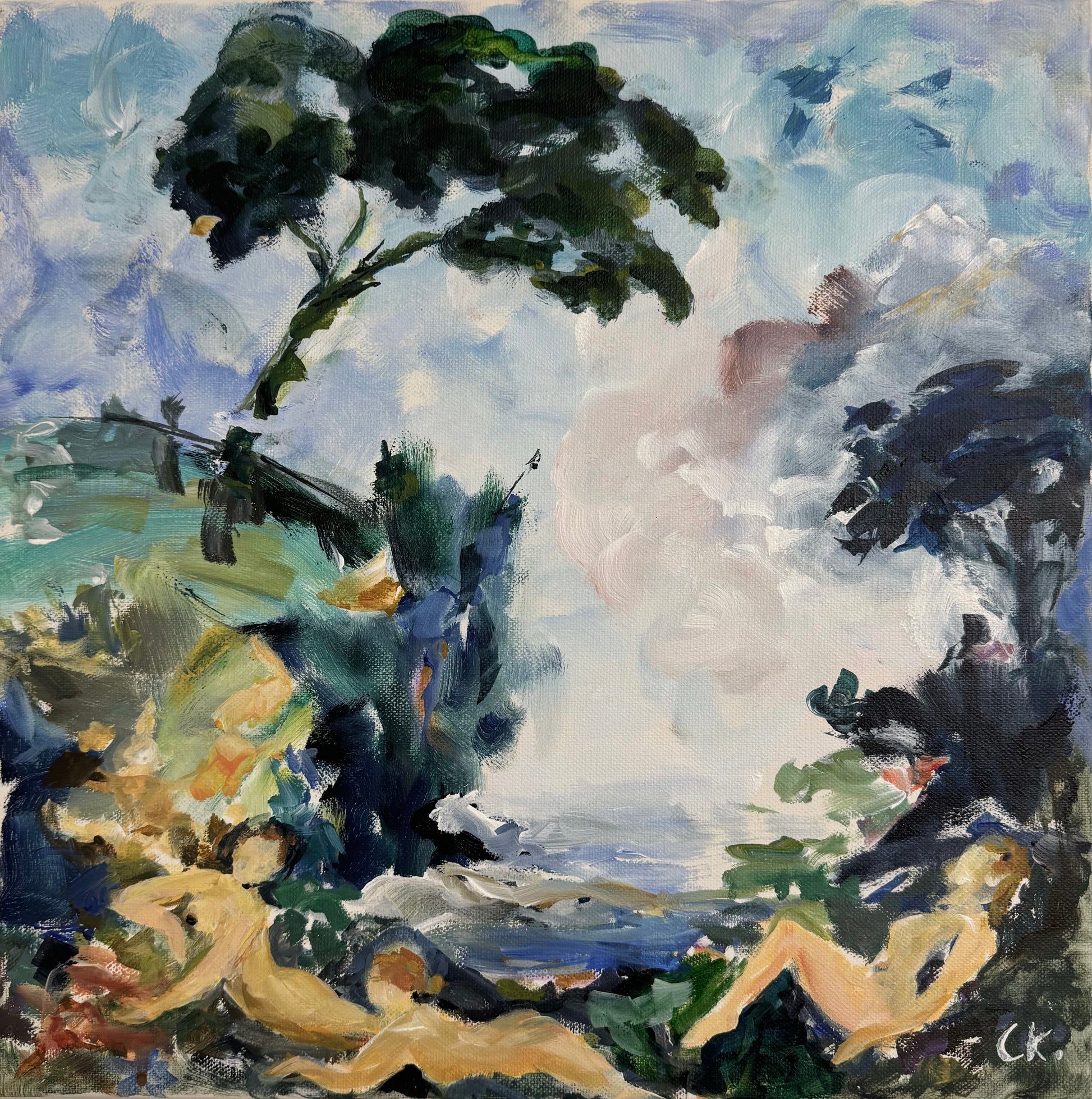 Original Acryl-Malerei, Gemälde von Corina Kroh, Titel „Barocke Elemente 1“ – impressionistisch, drei Frauen Akte in Landschaft mit Baum, Grün, Blau, Acryl auf Leinwand, erhältlich bei What The Artist Made