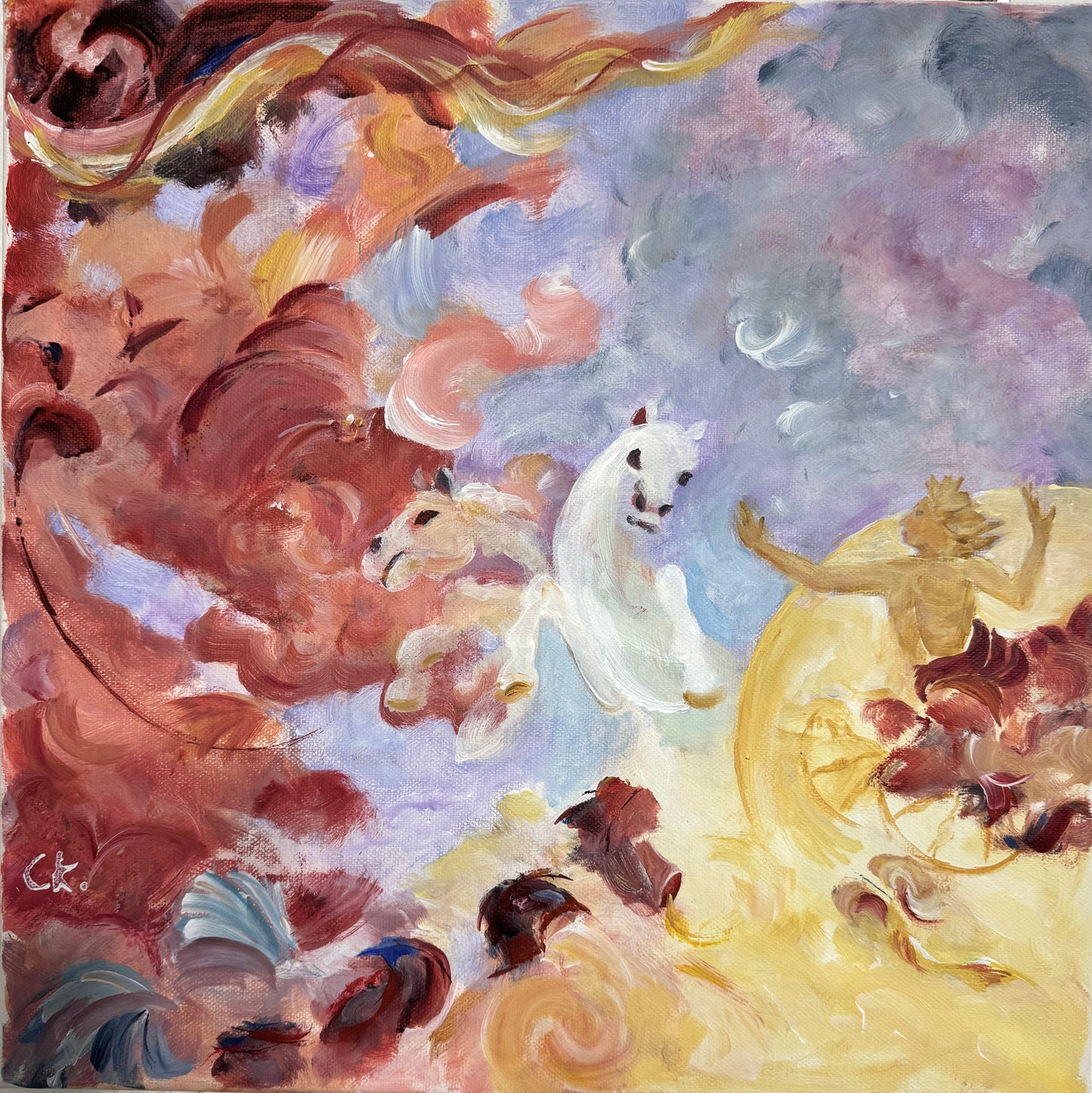 Original Acryl-Malerei, Gemälde von Corina Kroh, Titel „Barocke Elemente 2“ – impressionistisch, zwei Pferde, Verzierungen und Elemente, Rot, Violett, Gelb, Acryl auf Leinwand, erhältlich bei What The Artist Made