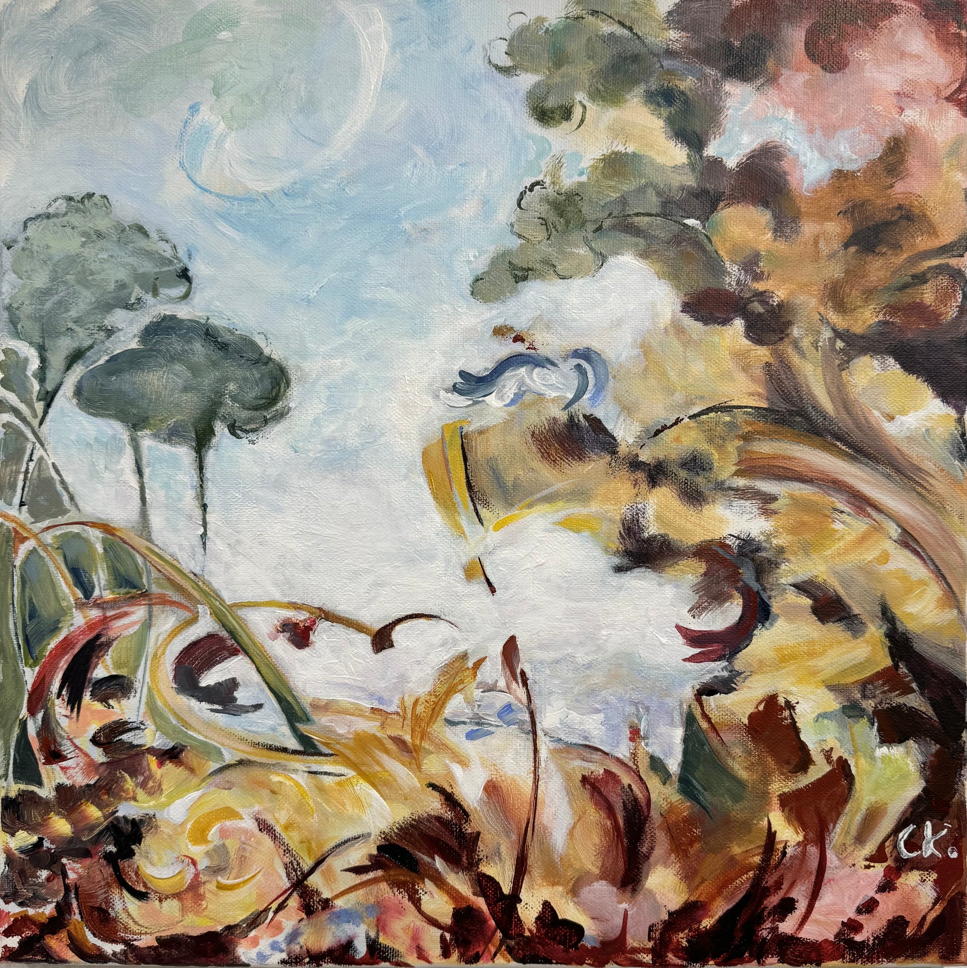 Original Acryl-Malerei, Gemälde von Corina Kroh, Titel „Barocke Elemente 3“ – impressionistisch, abstrakte Elemente, Landschaft, Rot, Grün, Gelb, Acryl auf Leinwand, erhältlich bei What The Artist Made