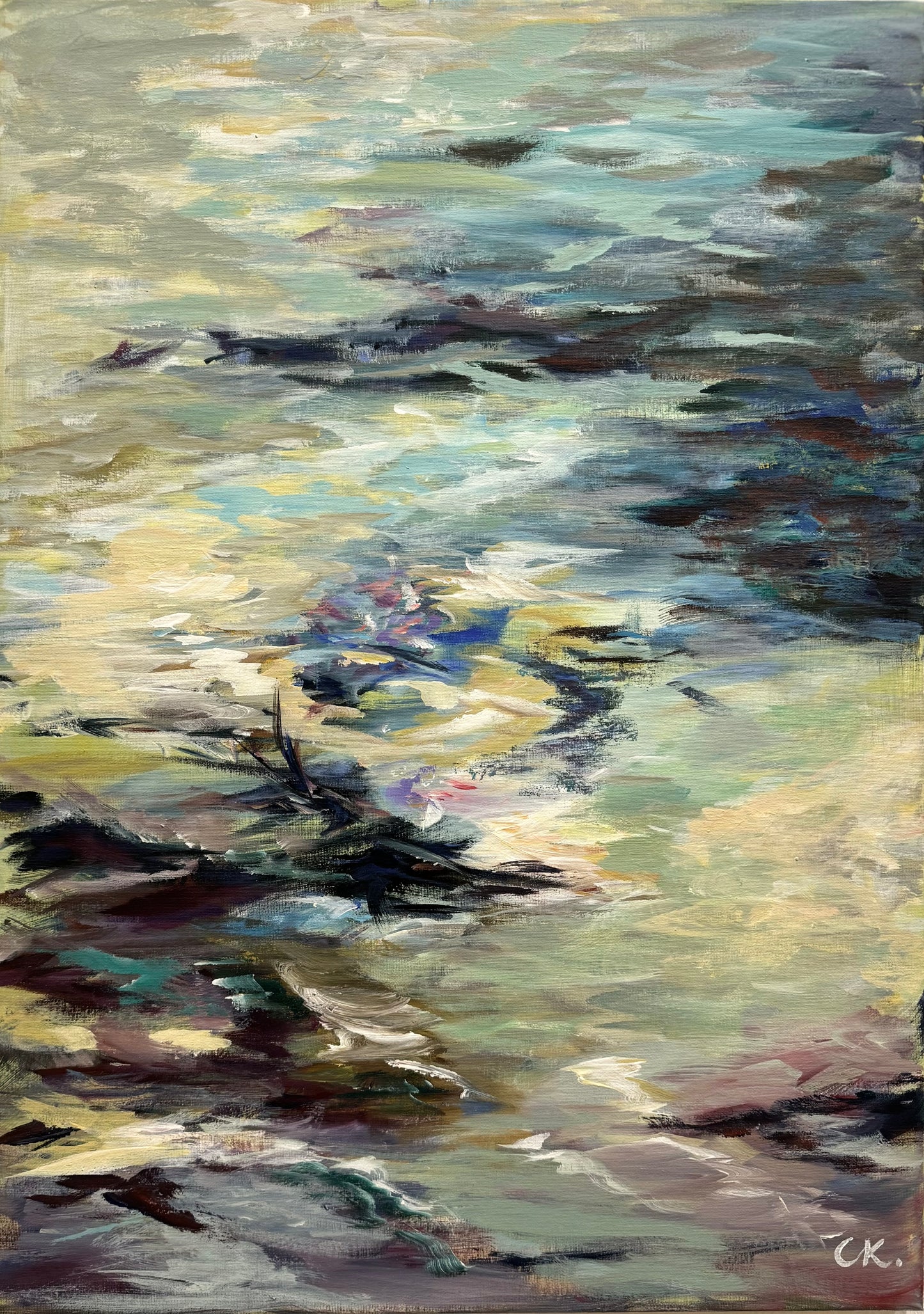 Original Acryl-Malerei, Gemälde von Corina Kroh, Titel „In Ewigkeit“ – impressionistisch, abstrakte Landschaft, Grün, Blau, Weiß, Acryl auf Leinwand, erhältlich bei What The Artist Made