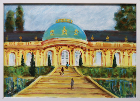 Original Acryl-Malerei, Gemälde von Corina Kroh, Titel „Schloß Sanssouci“ – Blick zum Schloss Sanssouci Potsdam, im Vordergrund Treppe/Aufgang zum Schloss. Links und Rechts die begrünten Terrassen, im Hintergrund Bäume. Drei Personen gehen die Treppe hinauf. In Blau, Ocker und Grün, Acryl auf Leinwand, erhältlich bei Galerie Waldbach - What The Artist Made