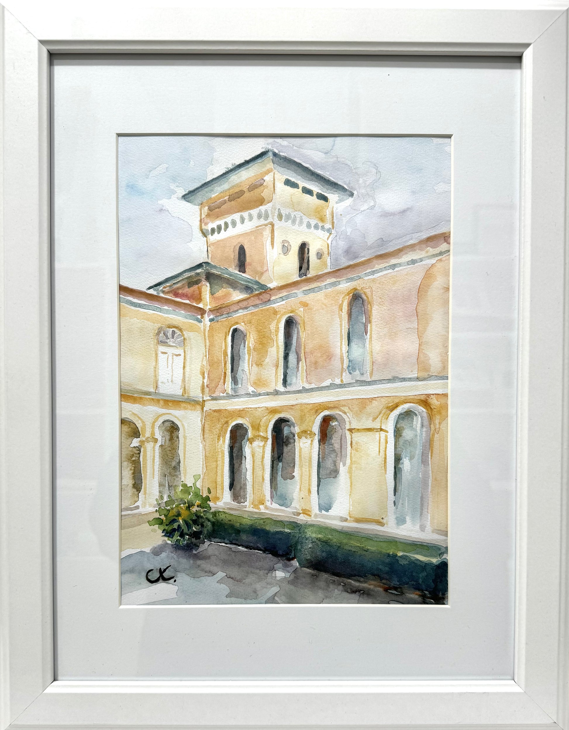 Original Aquarell-Malerei, Gemälde von Corina Kroh, Titel „Innenhof Friedenskirche“ – Stadtansicht, Architektur, historische barocke Ansicht, Potsdam, Kirche, Aquarell auf Papier, erhältlich bei What The Artist Made