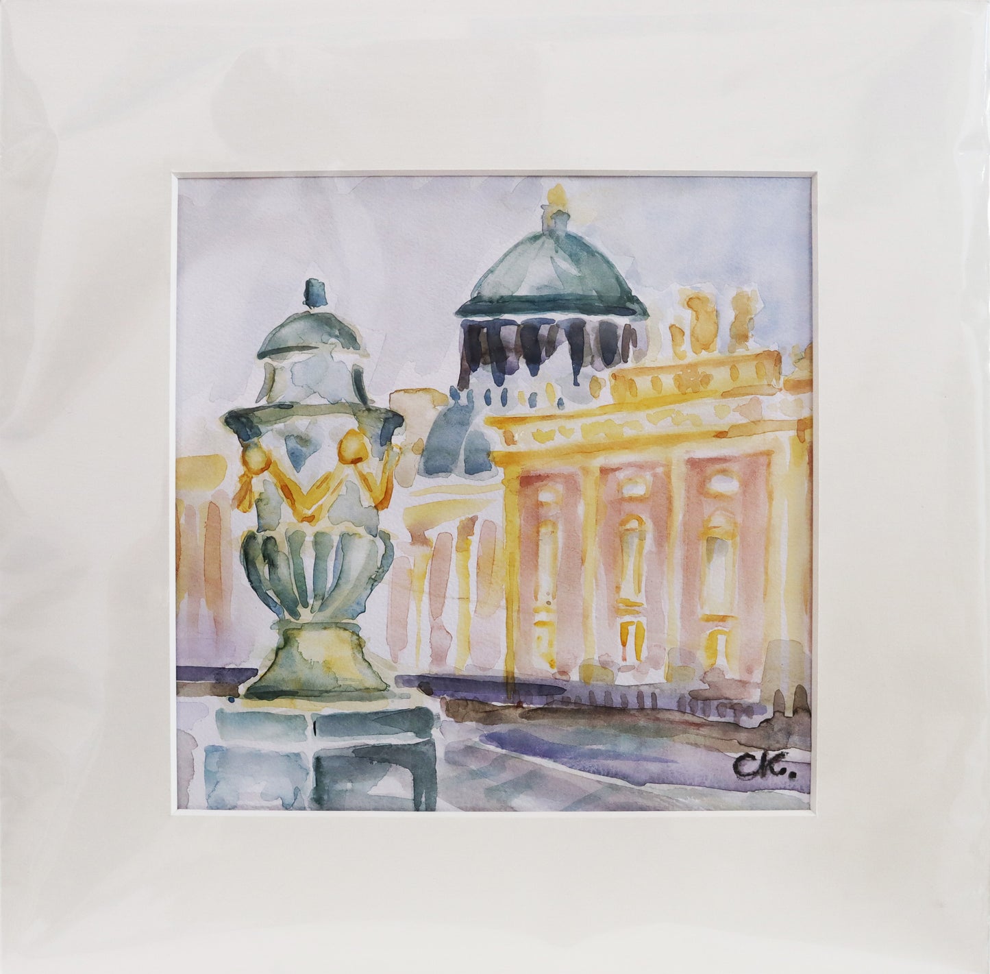 Original Aquarell-Malerei, Gemälde von Corina Kroh, Titel „Neues Palais Potsdam" – Blick auf das Neue Palais in Potsdam, im Vordergrund steinerne Vase/Statue vom Vorplatz , gemalt auf Papier, mit Passepartout, Signatur unten rechts - erhältlich bei Galerie Waldbach - What The Artist Made