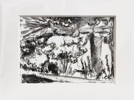 Original Acryl-Malerei, Gemälde von Corina Kroh, Titel „Freundschaftsinsel 2024“ – Blick auf Sträucher und Pflanzen auf der Freundschaftsinsel, Kohlestift auf Papier in schwarzweiß, erhältlich bei Galerie Waldbach - What The Artist Made