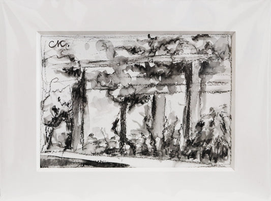Original Acryl-Malerei, Gemälde von Corina Kroh, Titel „Freundschaftsinsel 2024“ – Blick auf Pergolas auf der Freundschaftsinsel mit Sträuchern, Kohlestift auf Papier in schwarzweiß, erhältlich bei Galerie Waldbach - What The Artist Made