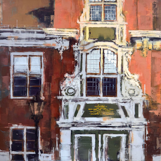 Original Öl-Malerei von Eduard Warkentin, Titel: „Potsdam_25_01“  – zeitgenössische Darstellung einer Hausfassade im Holländischen Viertel in Potsdam. Öl auf Dibond, erhältlich bei Galerie Waldbach - What The Artist Made