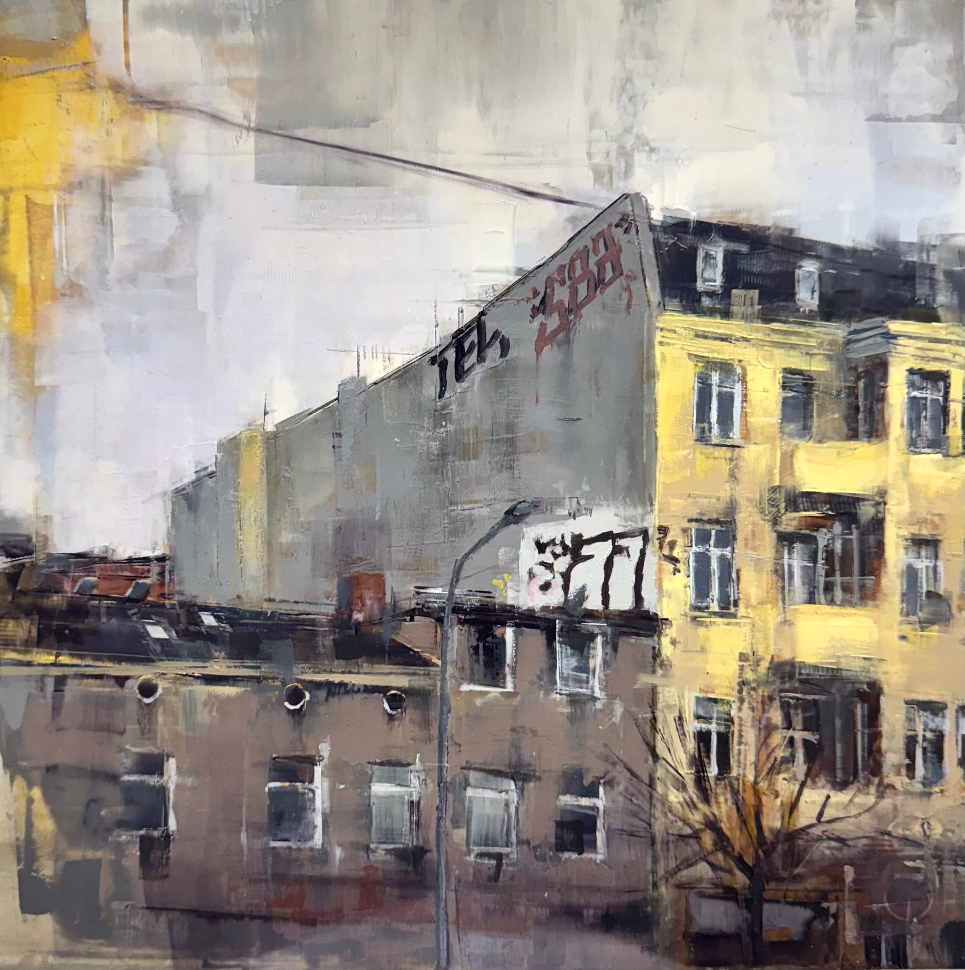 Original Öl-Malerei von Eduard Warkentin, Titel: „Potsdam_25_02“  – Darstellung von Häusern der Rudolf-Breitscheid-Straße in Babelsberg/Potsdam, modern, ausdrucksstark. Öl auf Dibond, erhältlich bei Galerie Waldbach - What The Artist Made