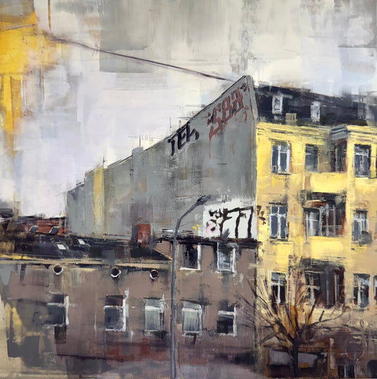 Original Öl-Malerei von Eduard Warkentin, Titel: „Potsdam_25_02“  – Darstellung von Häusern der Rudolf-Breitscheid-Straße in Babelsberg/Potsdam, modern, ausdrucksstark. Öl auf Dibond, erhältlich bei Galerie Waldbach - What The Artist Made