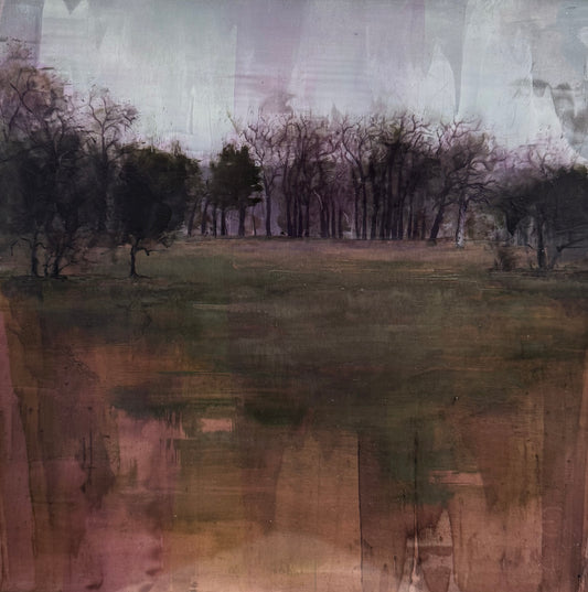 Original Öl-Malerei von Eduard Warkentin, Titel: „Winter. Dusk. Park.“  – zeitgenössische abstrahierte Darstellung der Dämmerung an einem Wintertag im Park Sanssouci in Potsdam. Öl auf Dibond, erhältlich bei Galerie Waldbach - What The Artist Made