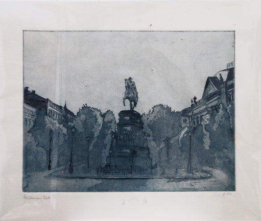 Original Radierung von Frank Lindenberg, Titel „Fridericus Rex“, Darstellung des Reiterstandbildes Friedrich des Großen am Forum Fridericianum im Berlin, Radierung auf Papier, mit Titel, Signatur und Abzugnummer, erhältlich bei Galerie Waldbach - What The Artist Made