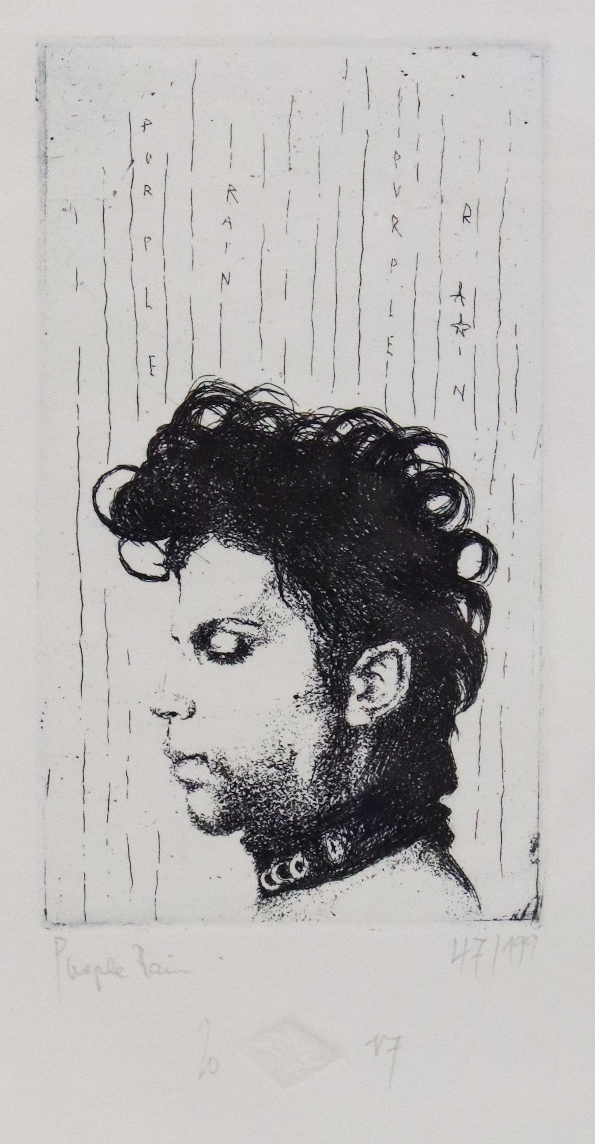 Original Radierung von Frank Lindenberg, Porträt in Profil/Seitenansicht von  Prince, Detailansicht, Radierung auf Karton, erhältlich bei Galerie Waldbach - What The Artist Made