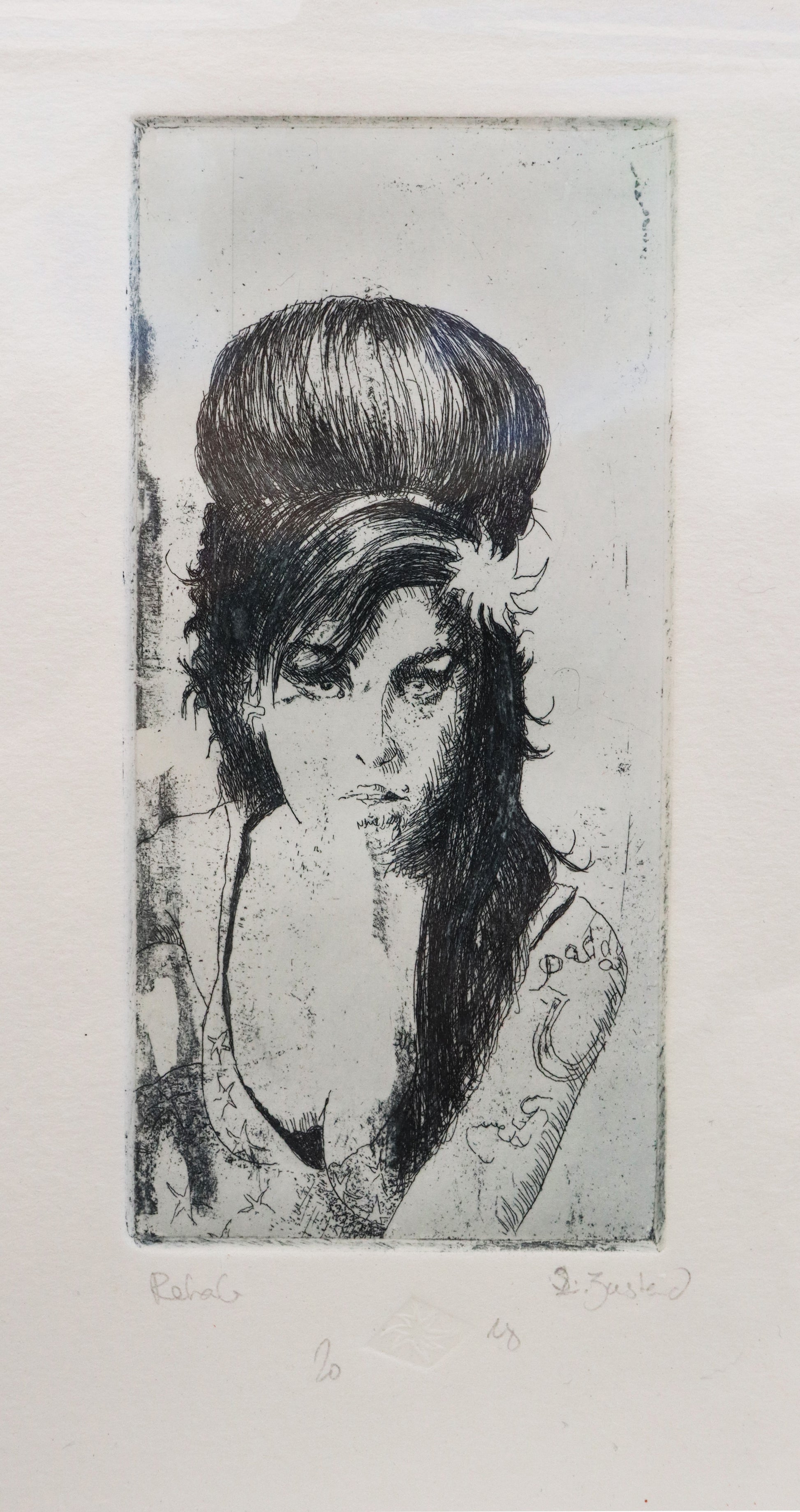 Original Radierung von Frank Lindenberg,Porträt von Amy Winehouse, Radierung auf Karton, Detailansicht, erhältlich bei Galerie Waldbach - What The Artist Made