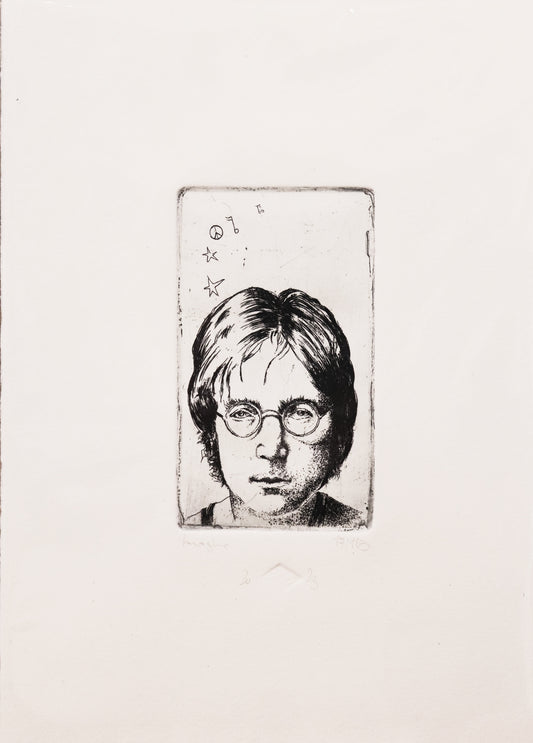 Original Radierung von Frank Lindenberg, Porträt von John Lennon, über seinem Kopf Musiknoten, Sterne und das Peace-Zeichen schwebend, auf linker Seite.  Radierung auf Karton in schwarz, erhältlich bei Galerie Waldbach - What The Artist Made