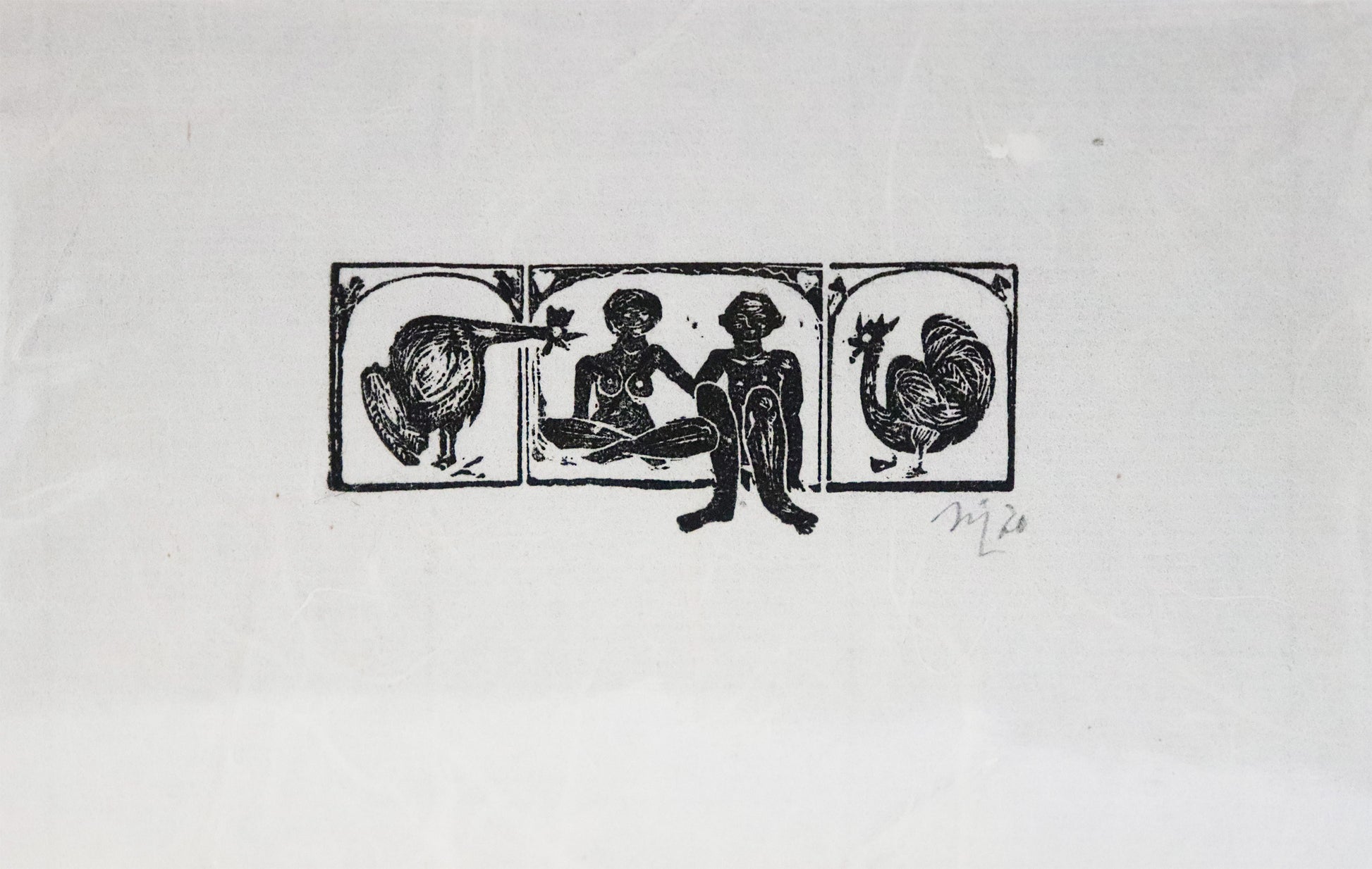 Radierung von Gottfried Höfer, Titel "Hühner" auf Büttenpapier mit Büttenrand. Darstellung von zwei nackten Personen, sitzend. Links und rechts von ihnen jeweils ein Huhn. Schwarz auf weißem Papiergrund. Unterhalb der Radierung Signatur und Jahreszahl 70. Erhältlich bei Galerie Waldbach - What The Artist Made