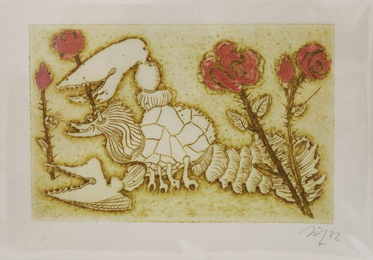 Radierung von Gottfried Höfer, Titel "Hummer" auf Büttenpapier mit Büttenrand. Darstellung eines Hummers zwischen Rosen mit Dornen. Er trägt eine Rose in der Schere. In Gelb/Ockertönen mit Rot in den Rosenblüten. Unterhalb der Radierung Signatur und Jahreszahl 72. Erhältlich bei Galerie Waldbach - What The Artist Made