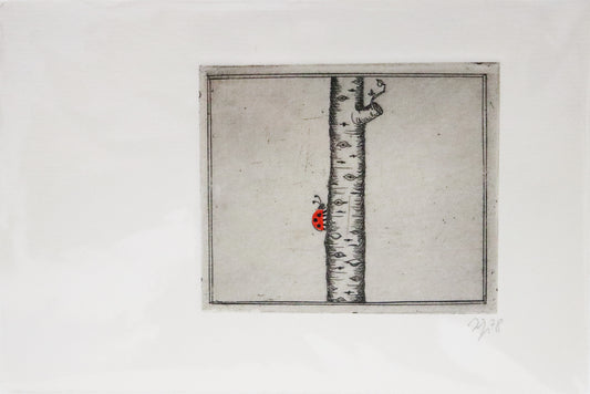 Radierung von Gottfried Höfer, Titel "Marienkäfer" auf Büttenpapier mit Büttenrand. Darstellung eines Astes/Baumstamm mit Astlöchern, daran klettert ein Marienkäfer hoch. Der Marienkäfer ist in leuchtendem Rot, alles weitere Schwarz auf weißem Papiergrund. Unterhalb der Radierung Signatur und Jahreszahl 78. Erhältlich bei Galerie Waldbach - What The Artist Made