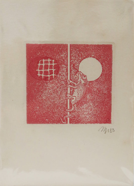 Radierung von Gottfried Höfer, Titel "Chamäleon" auf Büttenpapier mit Büttenrand. Darstellung eines Chamäleons, heraufkletternd an einem Zweig o.ä. . Rechts ist ein weißer  Kreis, links ein dunkler, vermutlich ein Fenster.  In Rottönen. Unterhalb der Radierung Signatur und Jahreszahl 83. Erhältlich bei Galerie Waldbach - What The Artist Made