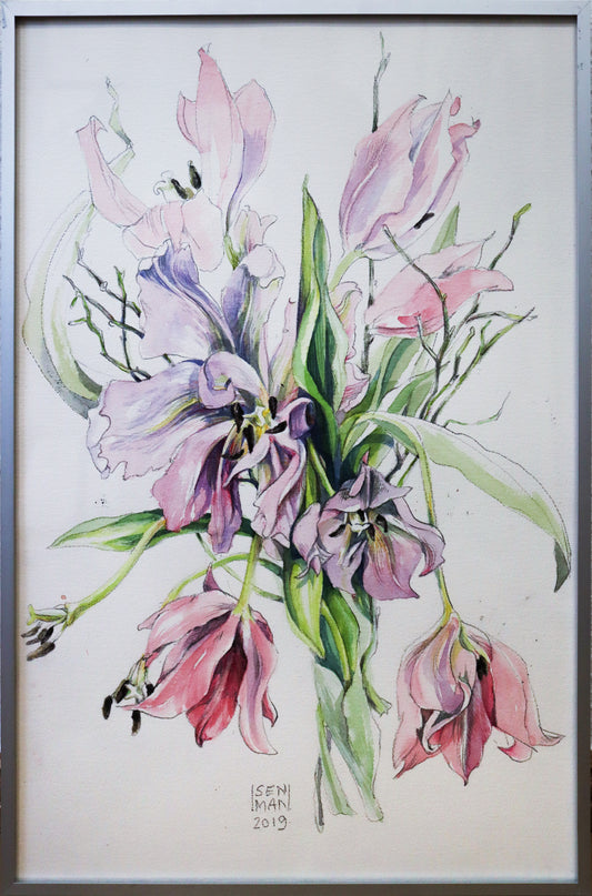 Original Aquarell Malerei - Gemälde von Heike Isenmann, ohne Titel - Darstellung eines Tulpenstraußes abblühend, rosa-,magenta-fliederfarben, grüne Blätter - Aquarell auf Papier, gerahmt, erhältlich bei Galerie Waldbach - What The Artist made