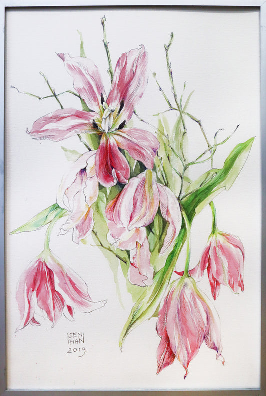 Original Aquarell Malerei - Gemälde von Heike Isenmann, ohne Titel - Darstellung eines Tulpenstraußes abblühend, rosa-magentafarben, grüne Blätter - Aquarell auf Papier, gerahmt, erhältlich bei Galerie Waldbach - What The Artist made