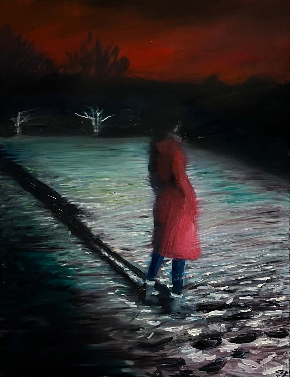 Original Öl-Malerei, Gemälde von Jasper Precht, Titel „Acker“, Darstellung eines nächtlichen Feldes mit einer Frau im roten Mantel/Parka, seitlich weggedreht stehend und in die Ferne schauend. Dramatischer Lichteinfall von vorne, vermutlich durch Autoscheinwerfer außerhalb des Bildrands. Öl auf Leinwand, erhältlich bei Galerie Waldbach - What The Artist Made