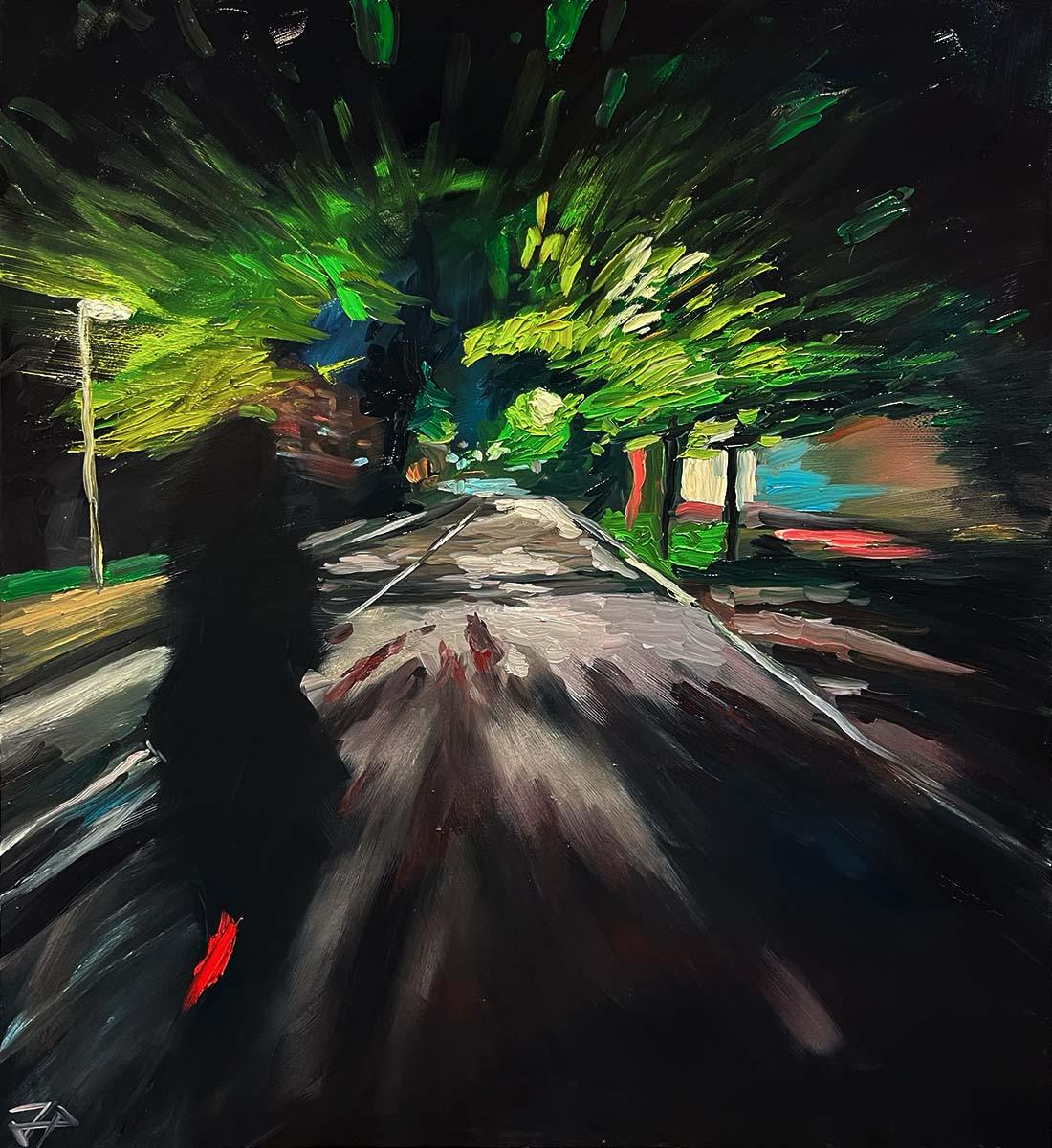 Original Öl-Malerei, Gemälde von Jasper Precht, Titel „Geschwister-Scholl-Str. 2“, Darstellung einer nächtlichen Straße in Potsdam, Perspektive eines Fahrradfahrenden mit Schatten einer zweiten Person im Blickwinkel, dynamischer Farbauftrag lässt Bewegung anmuten, Straßenlaternen erhellen die Straße. Öl auf Leinwand, erhältlich bei Galerie Waldbach - What The Artist Made