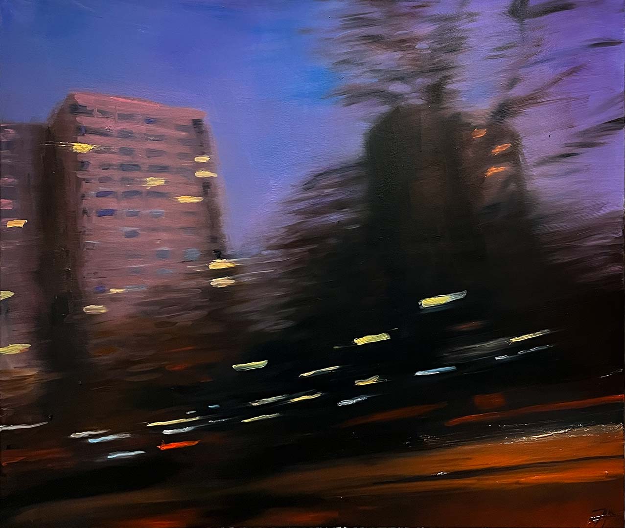 Original Öl-Malerei, Gemälde von Jasper Precht, Titel „Rennen gegen die Zeit“, Darstellung einer nächtlichen Stadtszenerie, wie sie auch in Potsdam existiert. Durch eine verwischte Malweise mit sichtbaren quer verlaufenden Pinselstrichen ergibt sich das Gefühl von Geschwindigkeit, der Betrachter bewegt sich schnell von den Hochhäusern weg oder auf sie zu. Lichtpunkte durch Straßenlaternen, Wohnungslichter und Autolichter. Öl auf Leinwand, erhältlich bei Galerie Waldbach - What The Artist Made