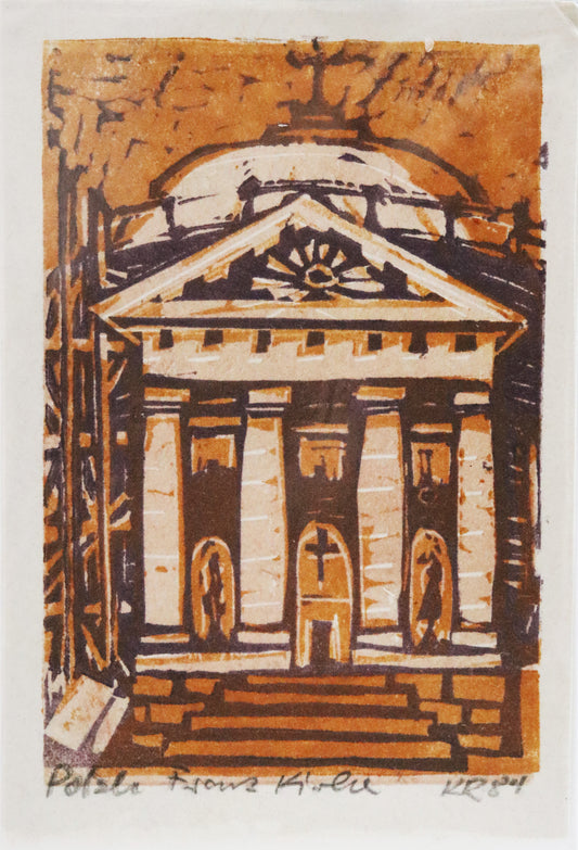 Linoldruck von Karl Raebuh, Titel „Französische Kirche“, signiert, 1984. In orange/sepia gehaltener Linoldruck mit Sicht auf die Französische Kirche, mit Flächen in Weiß. Signatur, Titel und Jahreszahl unterhalb des Bildes. Erhältlich bei Galerie Waldbach - What The Artist Made