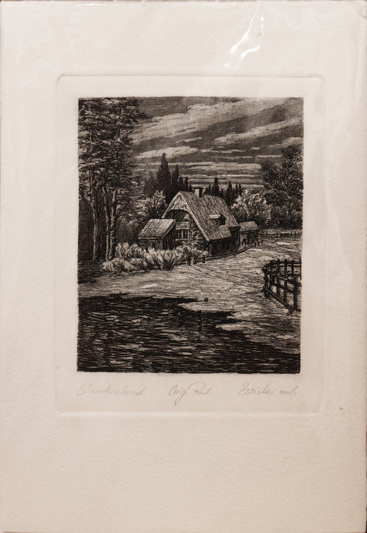 Radierung "Winterabend", signiert von Karl Zwicker – Radierung auf Büttenpapier mit Büttenrand, Darstellung eines Hauses in einer Landschaft, umgeben von Bäumen und vermutlich Gewässer. Unterhalb der Radierung Signatur, Titel und "Orig. Rad.". Erhältlich bei Galerie Waldbach - What The Artist Made