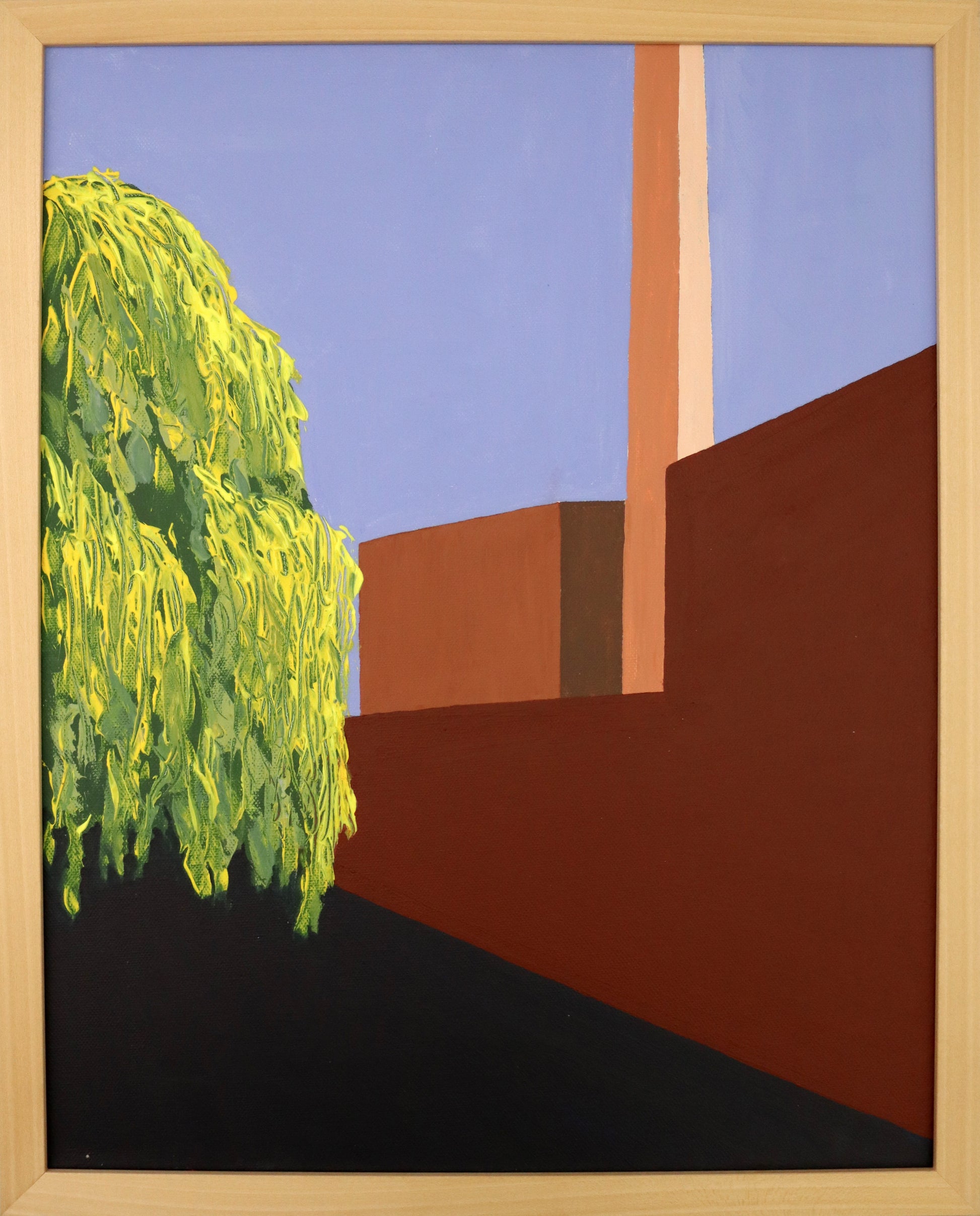 Original Acryl-Malerei, Gemälde von Dr. Leonhard Tomczyk, Titel „Berlin 1 - Wedding im Sommer“ –  reduziert formale Ansicht einer Straße, Hof in Berlin mit Weidenbaum, Schornstein im Hintergrund, Acryl auf Leinwand, erhältlich bei What The Artist Made