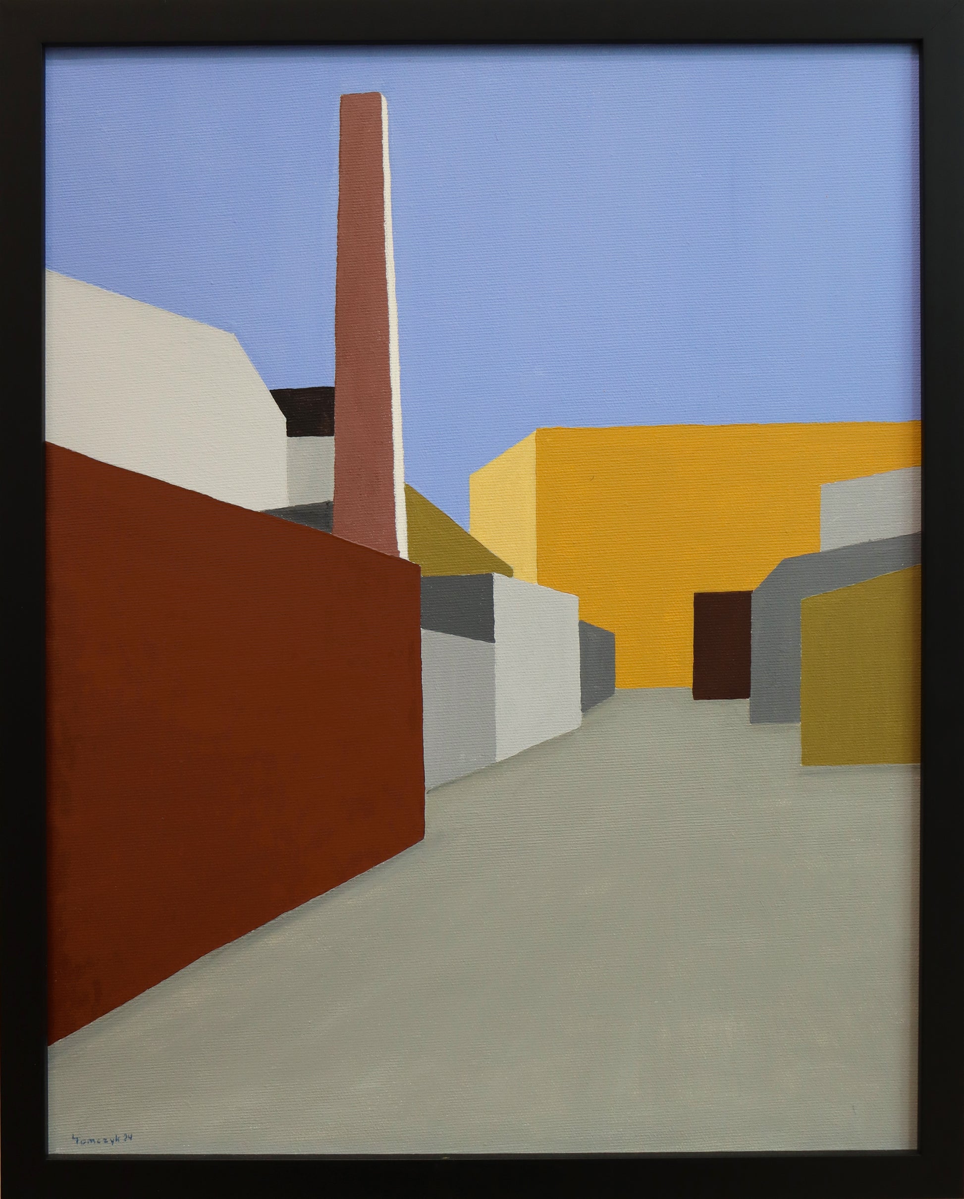 Original Acryl-Malerei, Gemälde von Dr. Leonhard Tomczyk, Titel „Berlin 2 - Wedding im Winter“ –  reduziert formale Ansicht einer Straße, Hof in Berlin, Schornstein im Hintergrund, Acryl auf Leinwand, erhältlich bei Galerie Waldbach - What The Artist Made