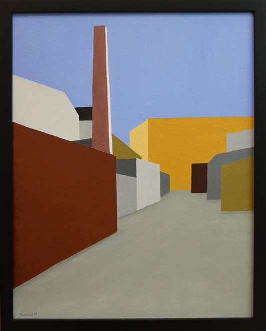 Original Acryl-Malerei, Gemälde von Dr. Leonhard Tomczyk, Titel „Berlin 2 - Wedding im Winter“ –  reduziert formale Ansicht einer Straße, Hof in Berlin, Schornstein im Hintergrund, Acryl auf Leinwand, erhältlich bei Galerie Waldbach - What The Artist Made